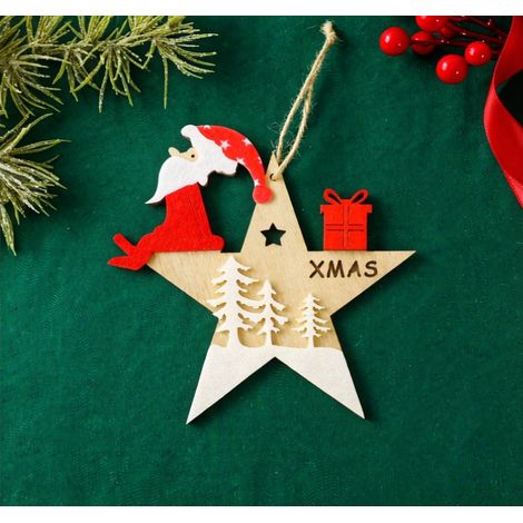 Ornement étoile bois Père‑Noël boîte cadeau 14×13,5 cm, décoration de sapin Noël (1/3)