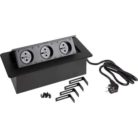 Cyclingcolors – Multiprise encastrable 3 prises 230V – Câble 1,5m – Métal noir – Ouverture par bouton poussoir – Pour plan de travail cuisine et bureau (1/5)