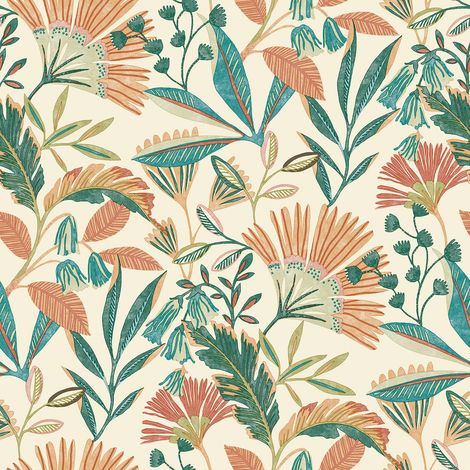 Grandeco Ciara Tropical Leaf Orange Green Wallpaper Botanical Paste The Wall (1/4)