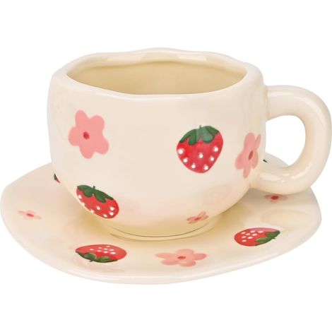 Este juego de taza y platillo de cerámica presenta un creativo diseño de flor de fresa y tiene una capacidad de 300 ml. (1/4)