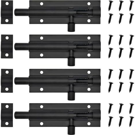 Quatre verrous intérieurs avec vis, adaptés aux portes de chambre, de salle de bain, de dressing et de débarras (noir, 7,4 cm).