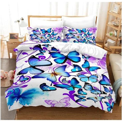 Parure de lit avec housse de couette Papillon,Bleu, Lilas, Parure de lit fantaisie papillons Ensemble de literie 3D 90x190cm - 9M6 (1/3)