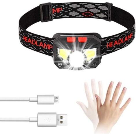 LED-Stirnlampe, USB-aufladbar, mit Bewegungssensor, 300 Lumen Leuchtkraft und 8 Leuchtmodi, wasserdicht (IPX4), 30 Stunden Akkulaufzeit, ideal zum Angeln, Campen, Lesen und Wandern. (1/4)