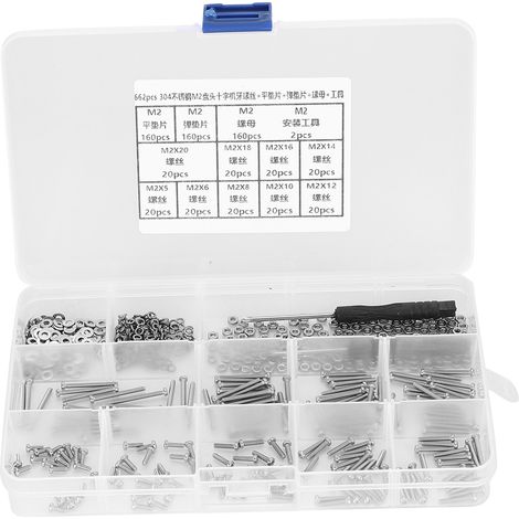 Kit 662 pièces vis M2 inox 304 tête fraisée cruciforme + rondelles plates et élastiques + écrous, assortiment complet pour bricolage et réparation (1/5)