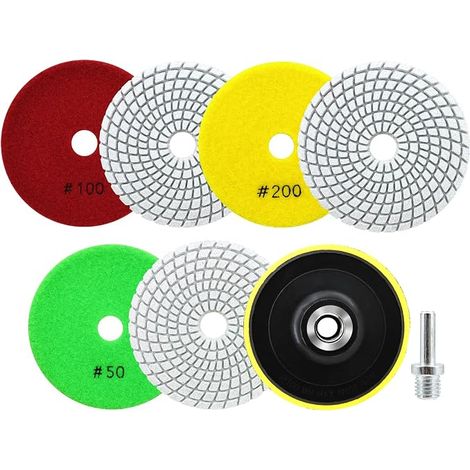 Disque Polissage Diamant 6 Pièces Tampon Polissage Diamant 100mm Grain 50x2/100x2/200x2 M14 Support Pads+Adaptateur Granit Marbre Pierre Artificielle Quartz