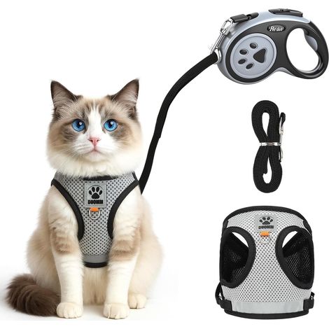 Harnais pour Chat, 3Pcs Harnais Respirant Souple Réglable, Gilet Harnet Maille Réfléchissant-Anti Évasion-avec 1.5m Laisse (1/5)