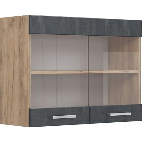 Meuble de cuisine haut vitré R-Line, Béton noir, 80 cm, Vicco