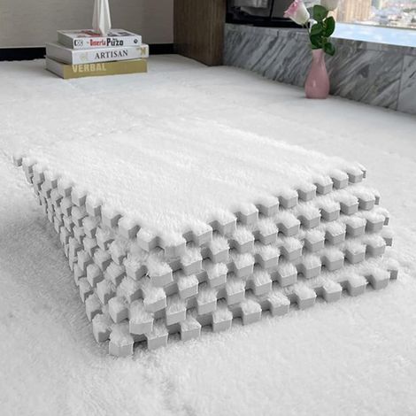 Lot de 10/20 dalles de moquette emboîtables en mousse - Motif puzzle - 30 x 30 cm - Avec bordure - Pour salon et chambre à coucher - Blanc (1/5)
