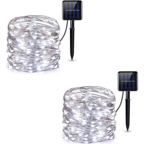 Solar-Lichterkette, 12 m, 100 LEDs, Solar-Lichterkette für den Außenbereich, 8 Modi, wasserdichter Kupferdraht für Schlafzimmer, Garten, Terrasse, Party, Weihnachtsdekoration (kaltweiß, 2er-Pack) (1/4)