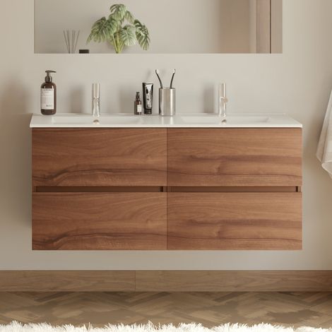 Meuble de salle de bain 120cm double vasque - 4 tiroirs - sans miroir - noyer (bois foncé) - IDA (1/5)
