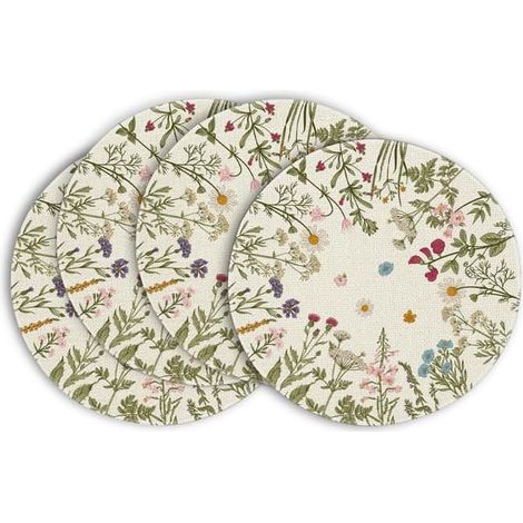 Ensemble de 4 sets de table ronds de 35,5 cm (14 pouces) - Herbes et fleurs sauvages antiques, printemps/été - pour la décoration de table (1/4)