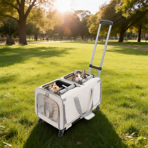 Transporttasche für Katze mit Rollen, Transportbox für 2 Katzen Faltbarer Katzentransportbox bis 17.5 kg, Haustier-Reisetasche mit Schultergurt für Spaziergänge/Camping (1/5)