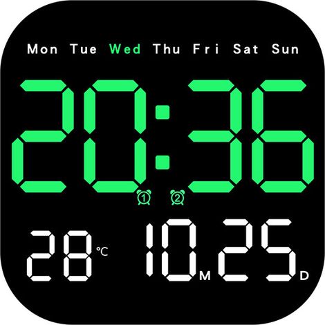 Orologio da parete multifunzione a LED con telecomando, timer, conto alla rovescia e indicatore di temperatura colore verde (batterie non incluse). (1/5)