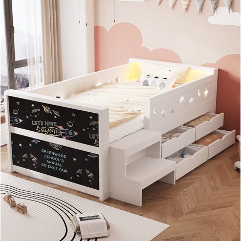 Letto per bambini 90x200 cm con contenitore, illuminazione a LED, scaletta, sponde di sicurezza, struttura stabile, legno bianco (1/5)