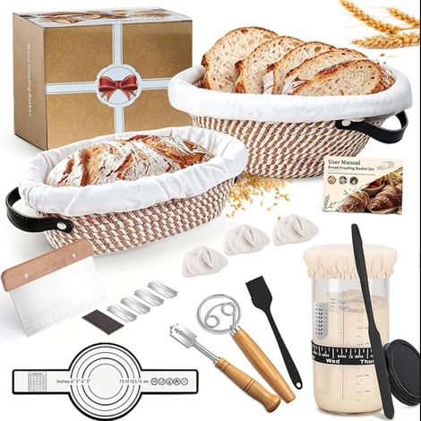 Kit Pain au Levain avec Ovale et Rond Corde en Coton Pliable Banneton, Bocal Levain,Sourdough Starter Pâtissiers Débutants et Expérimentés