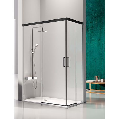 Mampara de Ducha Angular- 2 Hojas Fijas y 2 Puertas Correderas- Cristal de Seguridad de 6 mm - Modelo Glase Q4 NEGRO (140 x 80) (1/2)