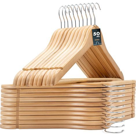 Set mit 50 Holzkleiderbügeln, rutschfeste Stange, 360° drehbarer Haken, für Anzüge, Hemden, Mäntel (1/5)