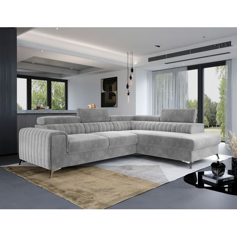 Ecksofa mit Schlaffunktion Sofa ELENI Stoff Paros Hellgrau Ottomane Rechts (1/4)