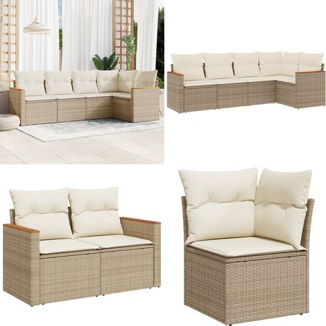 5-tlg. Garten-Sofagarnitur mit Kissen Beige Poly Rattan - Gartenmöbel - Outdoor-Möbel - Rattanmöbel - Lounge Set - Gartengestell - Home & Living (1/5)