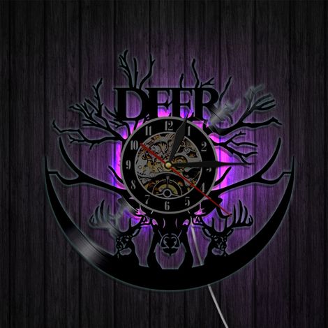 Horloge murale en vinyle - Horloge murale lumineuse LED tête de cerf - Horloge en vinyle - Décoration murale pour salon - Cadeau unique pour les mélomanes (1/5)