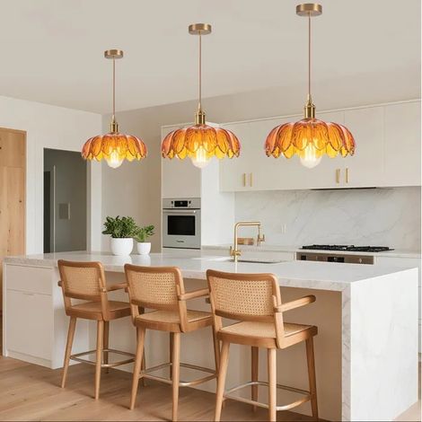 3x Lustre Ambre,Moderne Lampe de Plafond Vintage Abat-jour en Verre Design Fleurs E27 Suspension Luminaire Style (1/5)
