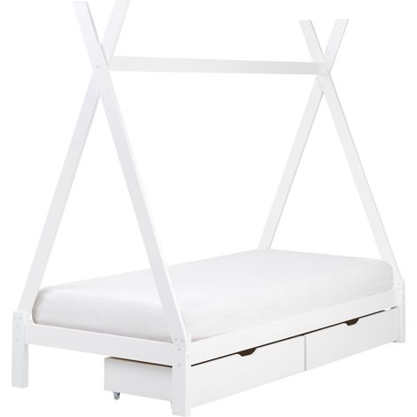 Cama infantil en forma de tipi con dosel con cajones de madera de pino blanca 90 x 200 cm DEVAY