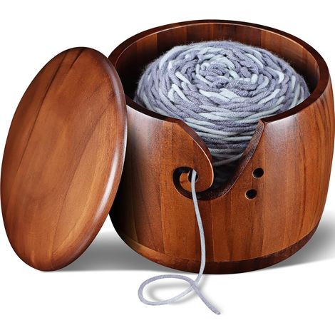 Bol de fil pour le crochetage - Grand bol de tricotage en bois 7x5in avec couvercle, accessoires de crochetage et fournitures de gadgets de tricotage (1/5)