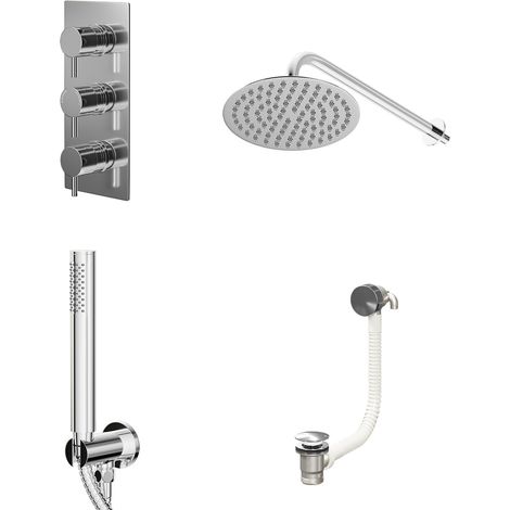 Circo Polished Chrome Concealed Triple Thermostatic Shower Valve with Diverter and 200mm Round Head with 345mm Wall Arm and Outlet Holder with Kit and Free-Flow Bath Filler - 3 Outlet (1/5)