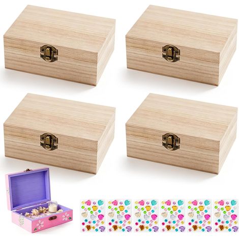 DIY Petite Boite en Bois avec Autocollants: 4 Pièces Petit Coffre en Bois, Mini Coffres Au Trésor avec Couvercle Pour Bijoux, Loisirs Créatifs et Artisanat, Anniversaire Cadeau(15 x 10 x 6 cm) (1/5)