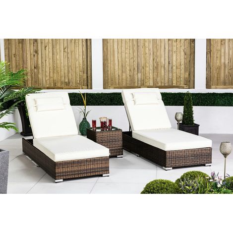 GIARDINO Rattan Sun Lounger x 2 & Table Set - Sunbed Garden Patio Furniture (1/5)