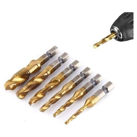 6 piezas/set M3, M10 Brocas de acero rápido con revestimiento de titanio y adaptadores para brocas de rosca con conexión de 1/4", rosca métrica, forma de vástago hexagonal (1/4)