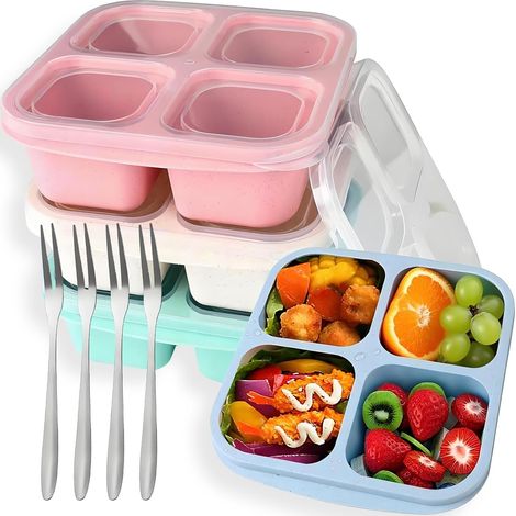 Boîtes à lunch Bento – 4 pièces avec 4 compartiments – Boîtes de préparation de repas réutilisables avec fourchette en acier inoxydable – Pour l'école, le travail et les voyages – Vert, bleu, rose, be (1/5)