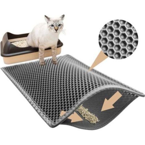Alfombrilla para arenero de gato, 60x40 cm, impermeable, de EVA no tóxico, con diseño de panal de abeja de doble capa, color gris. (1/2)