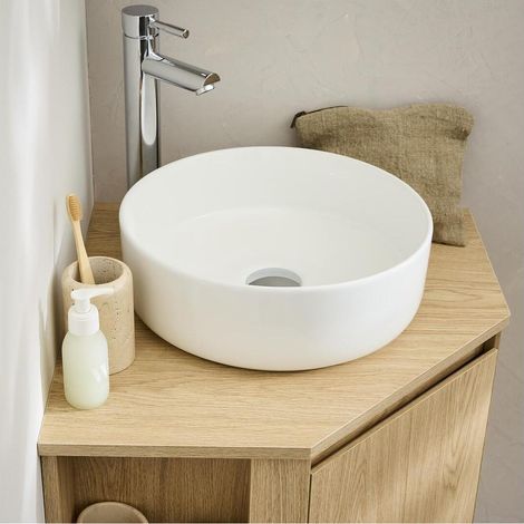 Mob-In – Meuble sous vasque d'angle 52x45 cm – Panneau de particules mélaminés – Compatible vasque ronde jusqu'à 37 cm – Rangement optimisé