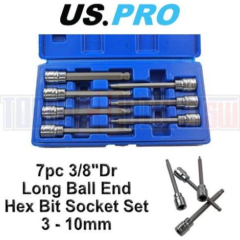 US PRO 7pc 3/8"Dr Long Ball End Hex Bit Socket Set 3 - 10mm Allen Key 1499 (1/4)