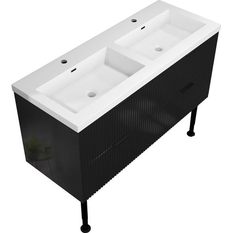 OCEAN Meuble salle de Bain - 4 Tiroirs avec Pieds, Vasque Blanche, 120x44.5x52cm Finition Noir Brillante
