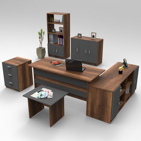 Ensemble de bureau 6 pièces Busymo Bois foncé et Anthracite (1/5)