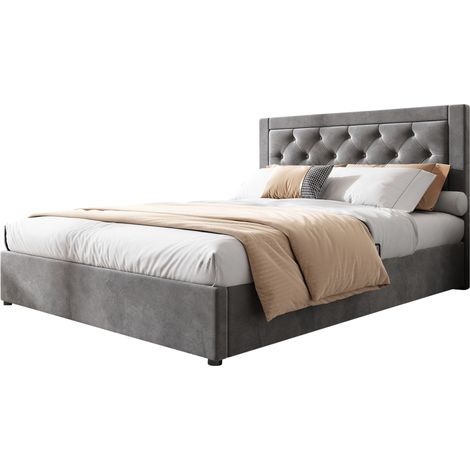 Letto Contenitore 140 x 200 cm in Velluto Grigio, Letto Matrimoniale con Vani, Senza Materasso (1/5)