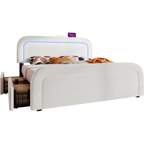 Lit rembourré Sherpa blanc 140x200 cm avec LED, ports USB & Type-C, 4 tiroirs, tête de lit réglable, sommier à lattes (1/5)