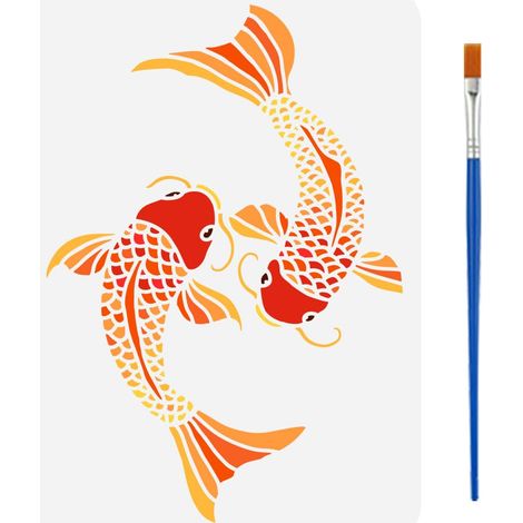 Pochoir Koi Avec Pinceau 21X29.7cm Modèle de Motif Décoratif Creux Thème Animal Modèle Réutilisable pour Bois Vêtements Mur (1/5)