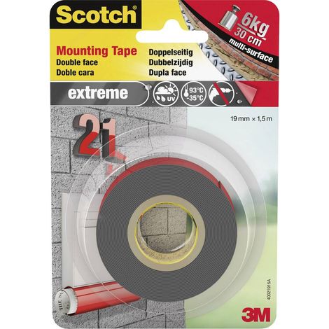 3M – Ruban adhésif double face extrême 19 mm x 1.5 m – Résistant aux intempéries – Supporte jusqu'à 10 kg – Pour surfaces lisses et extérieures