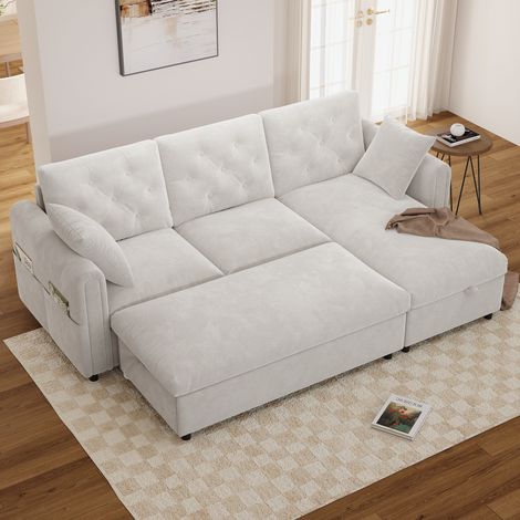 Canapé d’angle 219x131x86 cm beige en velours avec rangement et méridienne réversible (1/5)
