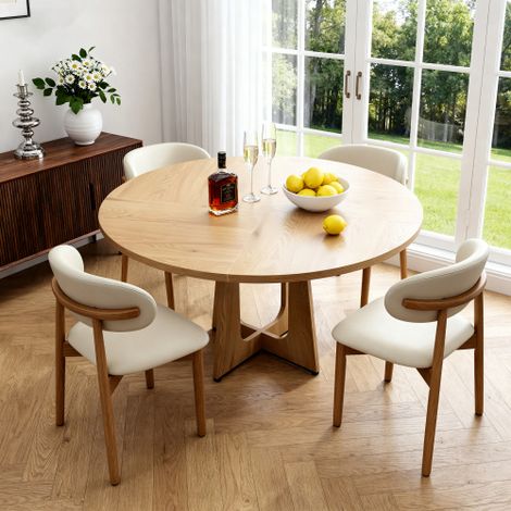 Set da pranzo modulare rotondo composto da 1 tavolo e 4 sedie, piano del tavolo in MDF con impiallacciatura di rovere, sedie in legno massello di rovere con impiallacciatura di legno naturale, ideale (1/5)
