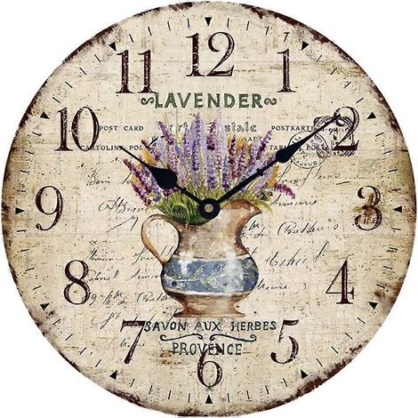 Wood Wall Clock 12 "Vintage French Country Print Lavender in Pot Romantic Shabby Chic Large Decorative Roman Numerals Analog Battery Operated Silent f (1/5)