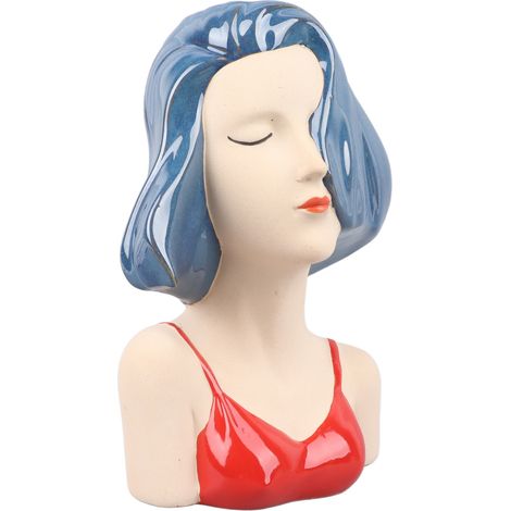 Vase visage de fille moderne céramique sculpture décorative tête vase bleu salon chambre bureau (1/5)