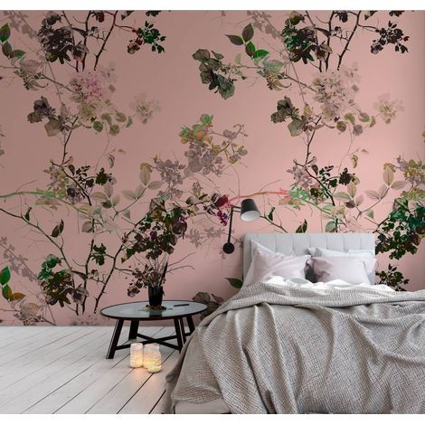 Papier peint panoramique à motif fleurs et feuilles | Tapisserie panoramique parfaite pour chambre de fille | Papier peint panoramique sur fond rose - 270 x 500 cm (5 pièces) (1/5)