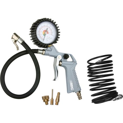 ABAC 5 Pieces Kit de Gonflage pour Compresseur G-811Ti, Comprenant un Gonfleur de Pneus avec Manometre, un Tuyau en Spirale de 5 m, 3 Embouts de Gonflage, Pression Max. 8 Bar