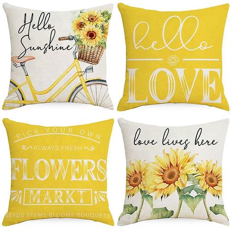 Dekorative gelbe Kissenbezüge mit Sonnenblumen- und Fahrradmuster, 4er-Set, für Sofa, Frühling/Sommer.