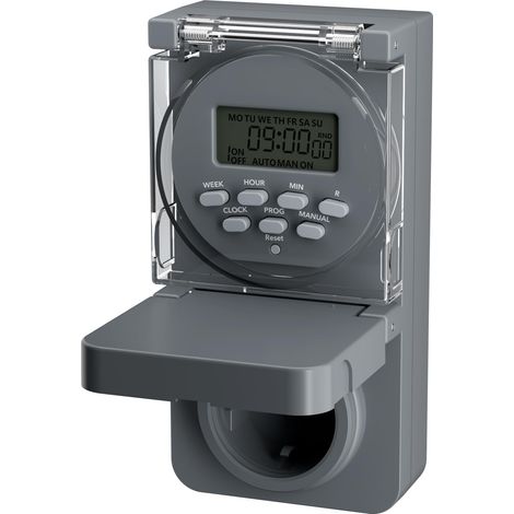 Prise minuterie numérique extérieure, 8 programmes de commutation, minuterie hebdomadaire avec fonction aléatoire, prise minuterie IP44 extérieure pour décoration, pompes de piscine (1/5)