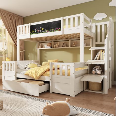 Cama Litera 90x200/140x200 Cm Escalera Almacenaje Blanca (1/5)